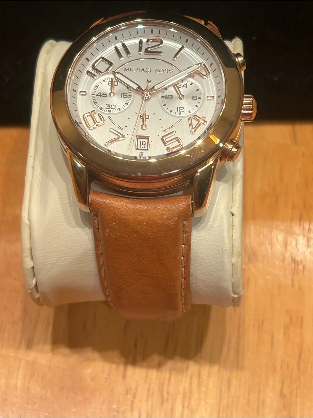 Michael Kors Rose Gold Tone Chronograph Watch with Brown Leather Strap
